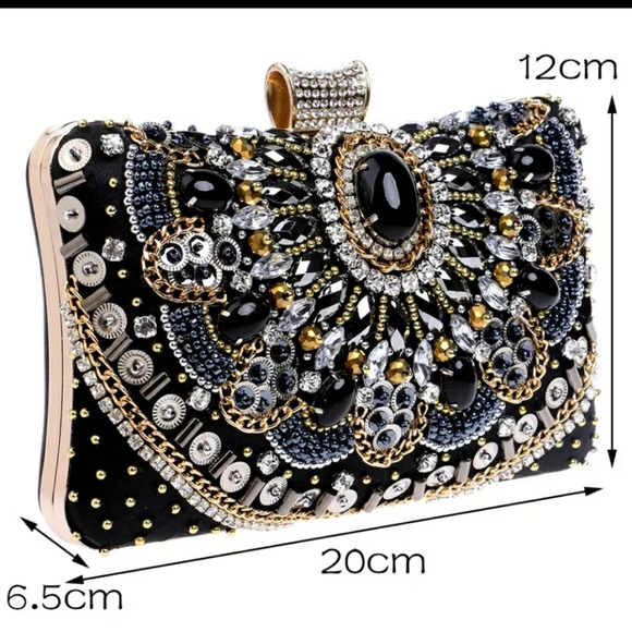 Women's Evening Bag Diamonds Party Prom Clutch Purse Floral Bride Black Handbag - Picture 8 of 13